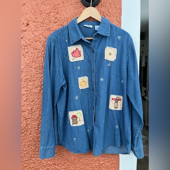 Women’s Lee Denim Fall Patchwork Embroidered Button Down Size Large 100% Cotton - Picture 1 of 6